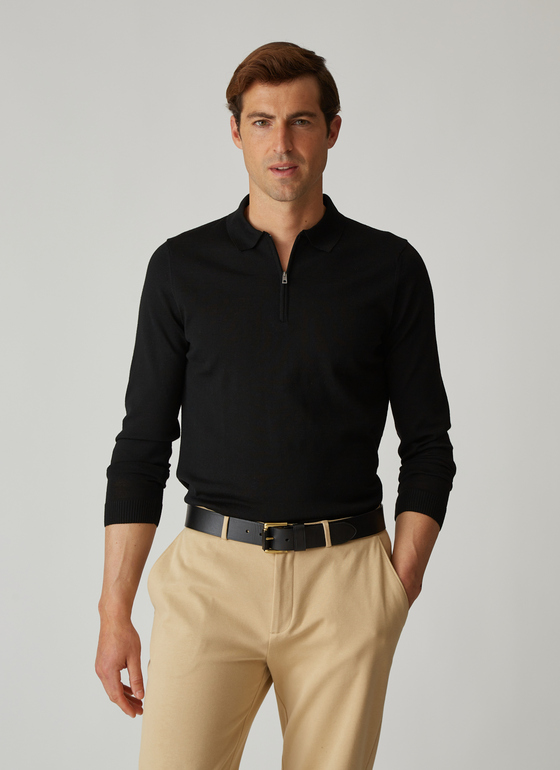 Pullover Polokragen Zip 1/1 Arm Black Frontansicht