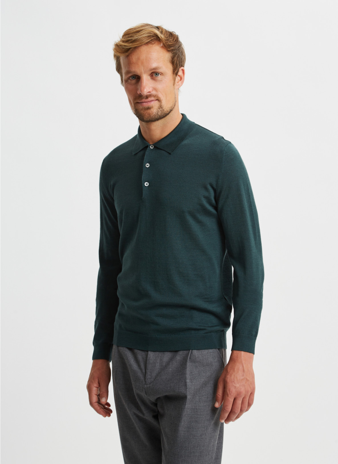 Pullover Polokragen, Knopf 1/1 Arm, Bottle Green Frontansicht