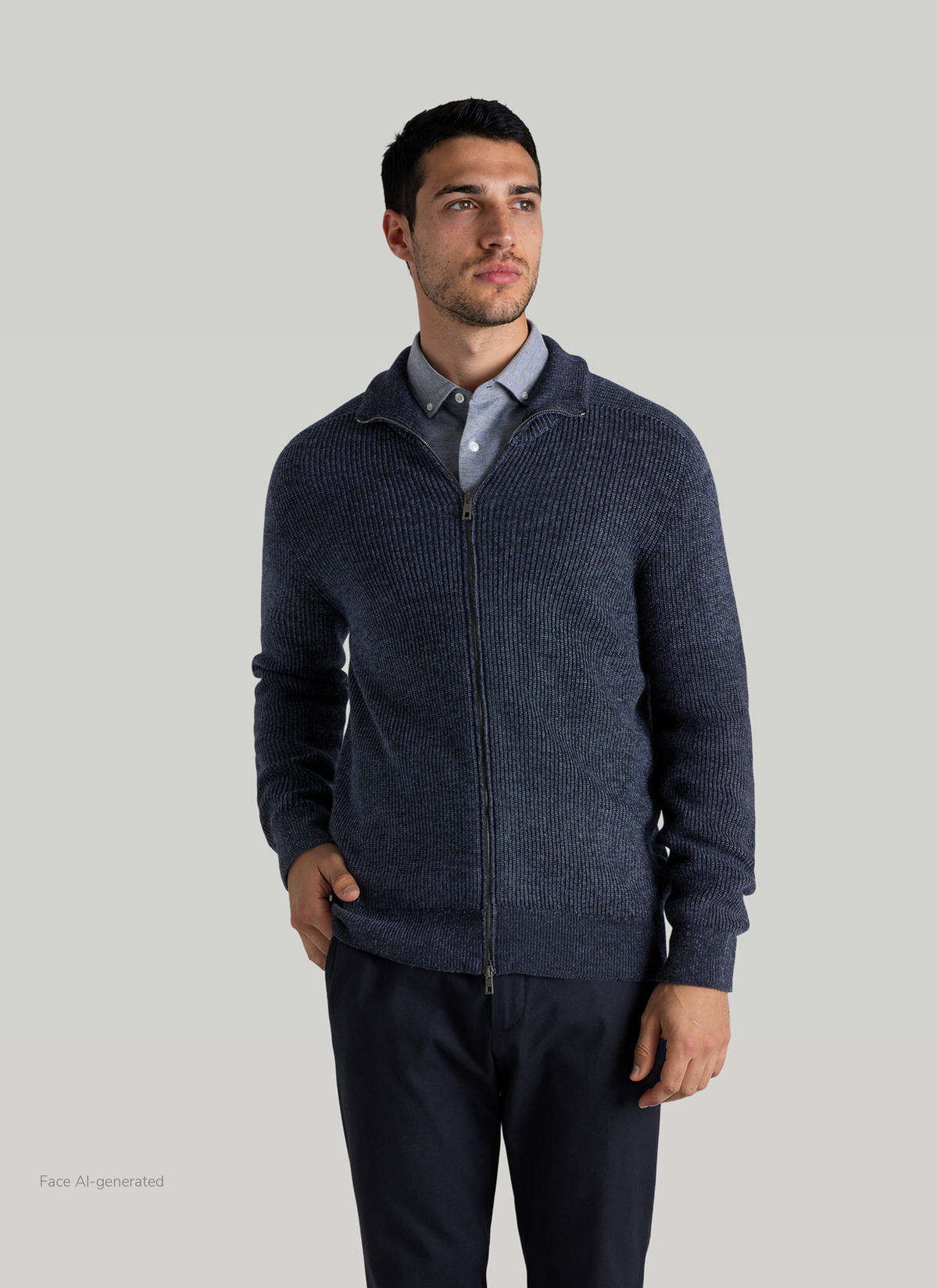 Strickjacke Zip 1/1 Arm, Navy Frontansicht