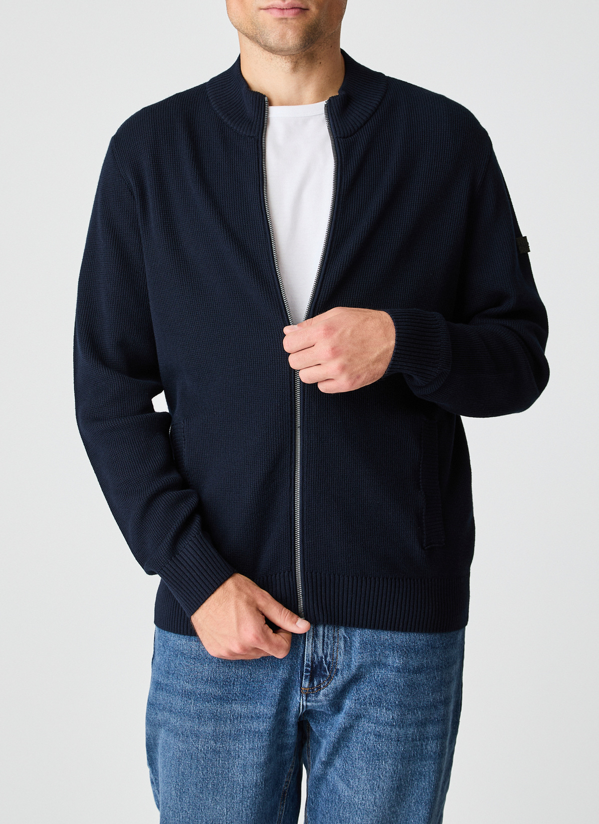 Strickjacke Zip 1/1 Arm, Navy Frontansicht