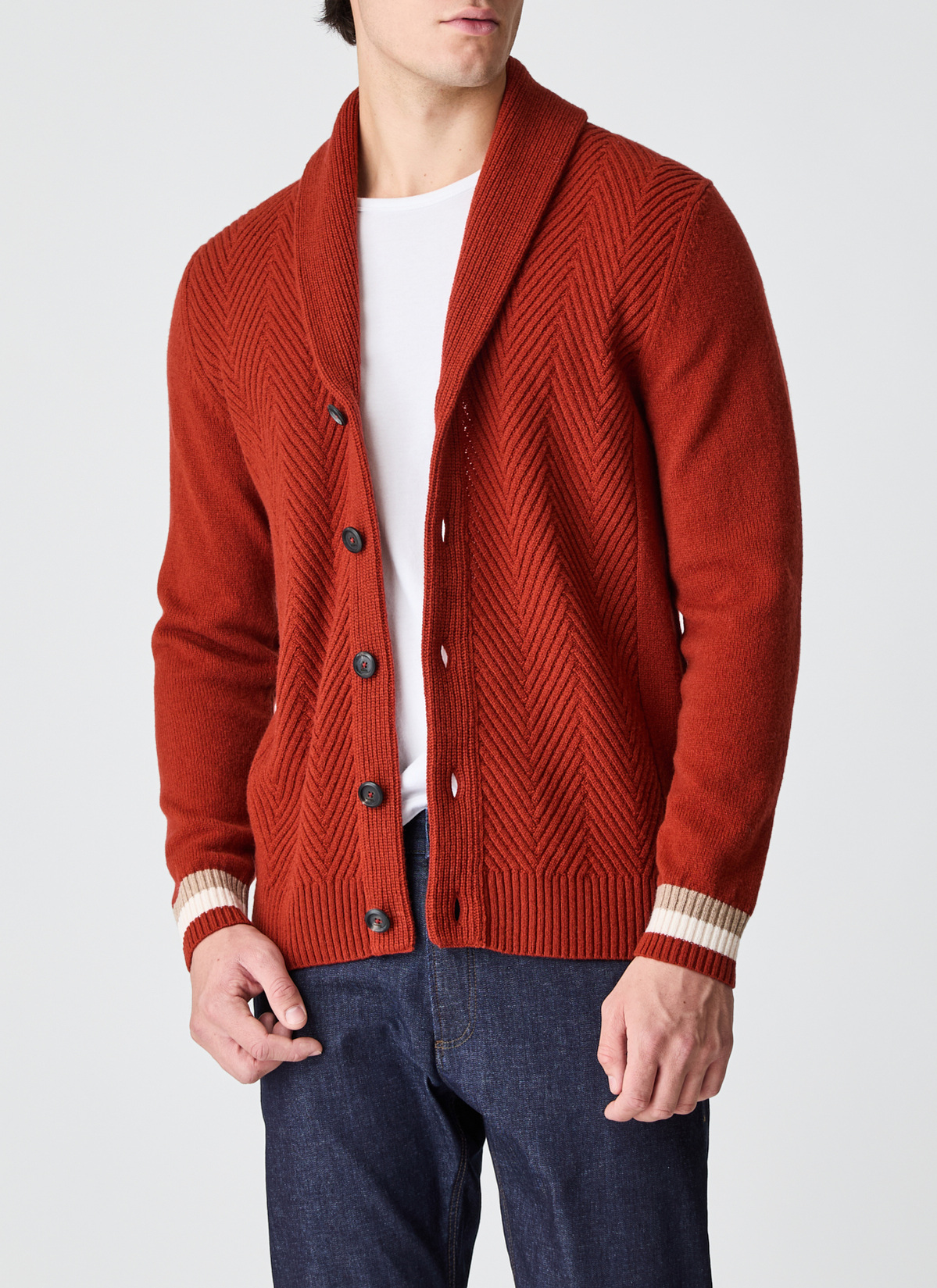 Strickjacke Schalkragen 1/1 Arm, Light Buckeye Frontansicht