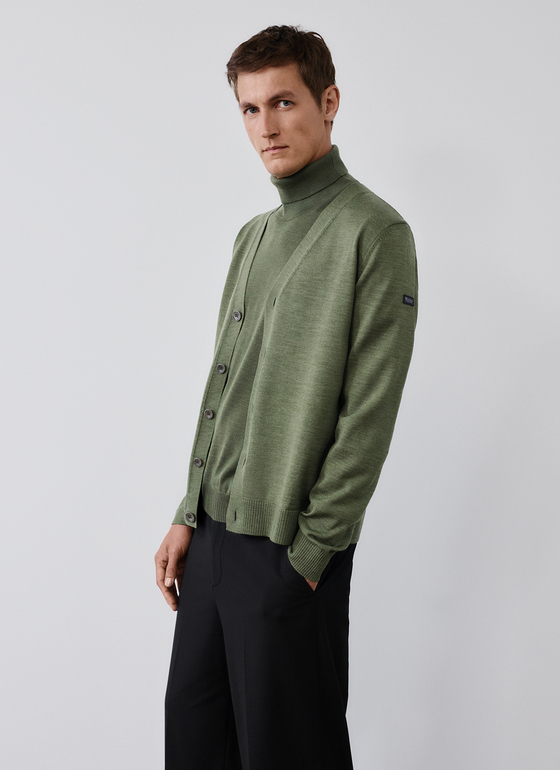 Strick Cardigan 1/1 Arm Green Hummus Frontansicht