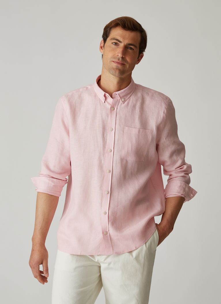 Button Down Hemd 100% LeinenLight Rosa Frontansicht