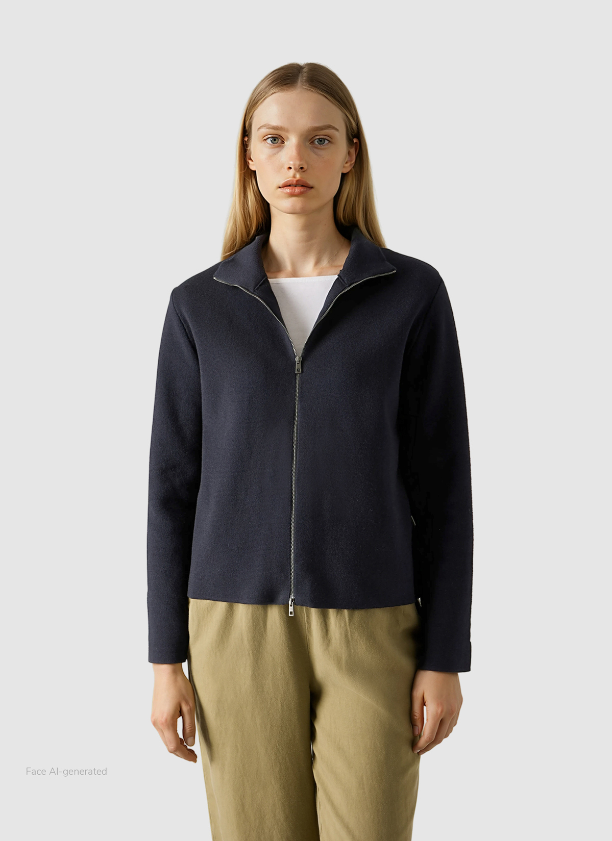 Strickjacke Zip 1/1 Arm, Navy Frontansicht