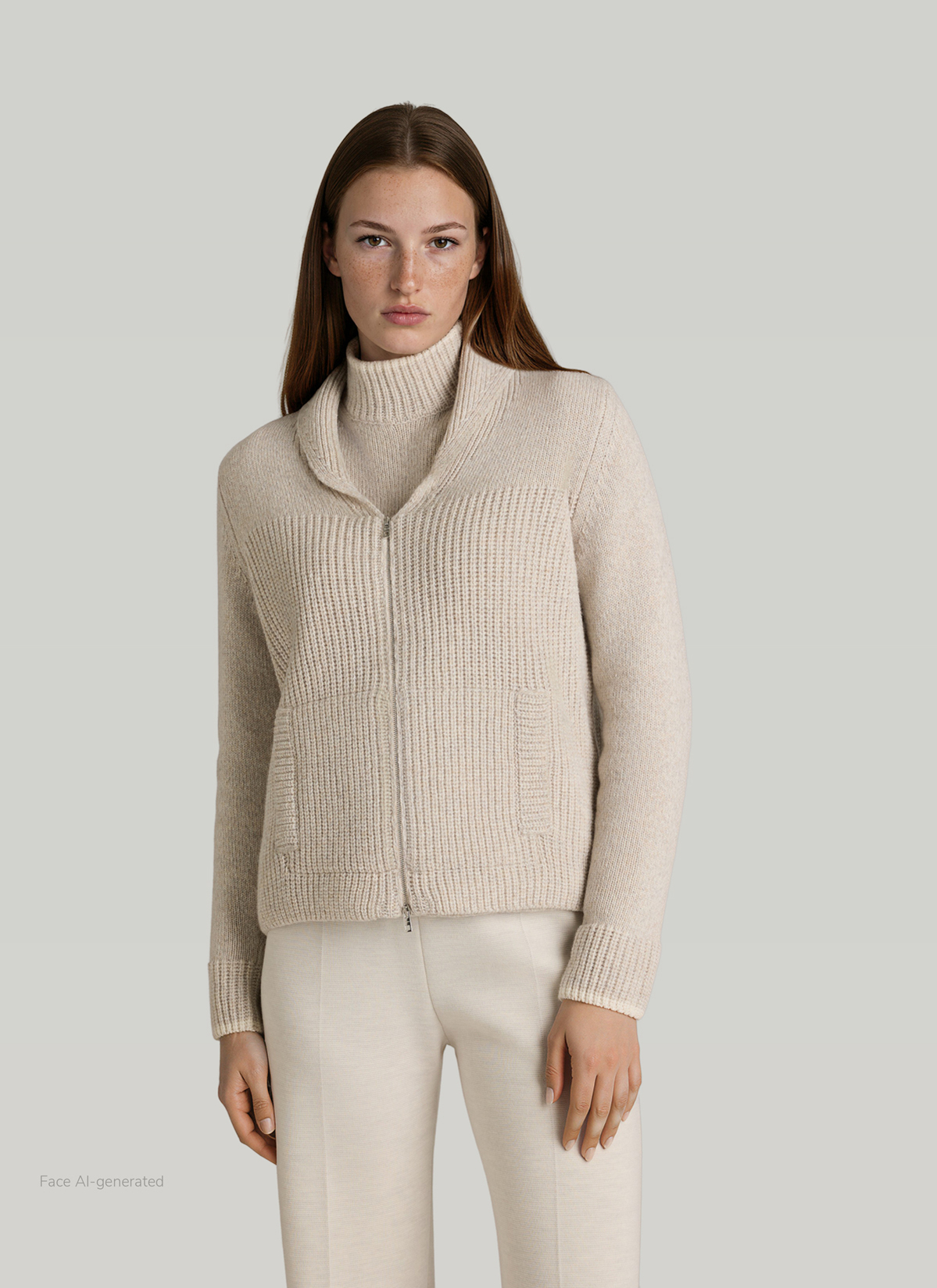 Strickjacke Zip 1/1 Arm, Autumn Stone Frontansicht