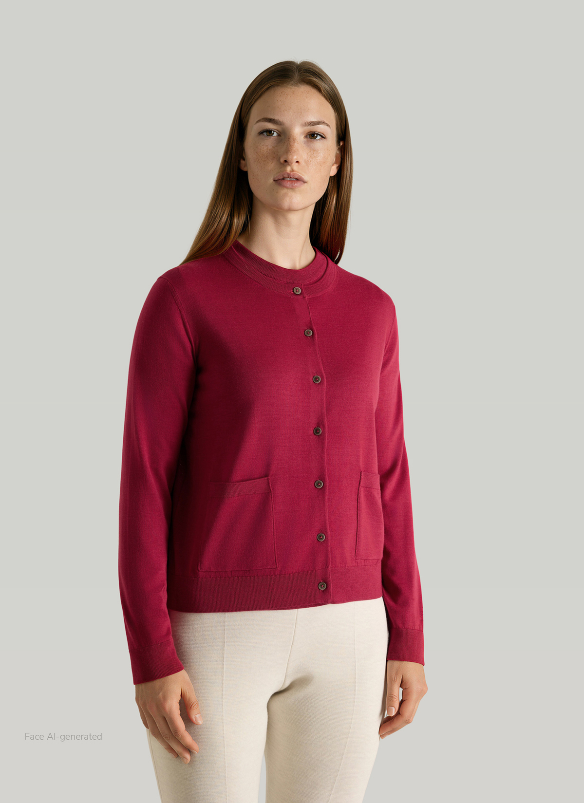 Strickjacke Knopf 1/1 Arm, Peony Red Frontansicht