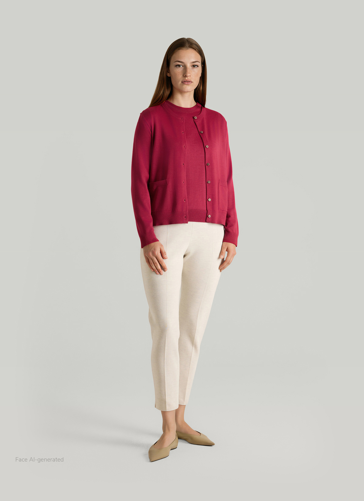 Strickjacke Knopf 1/1 Arm, Peony Red Detailansicht 2