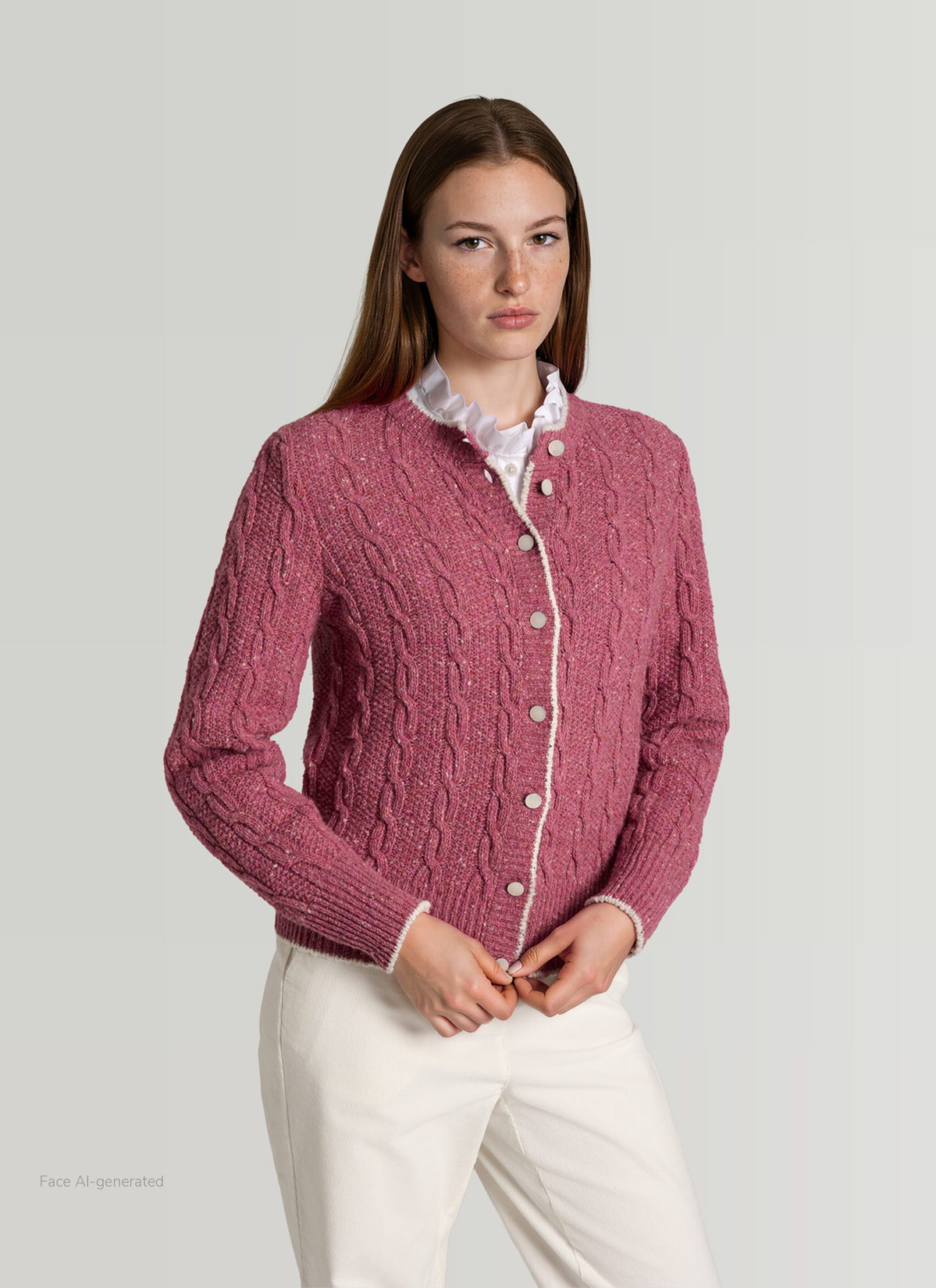 Strickjacke Knopf 1/1 Arm, Peony Red Frontansicht
